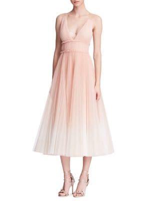 Marchesa Notte Pleated Cold-shoulder Gown