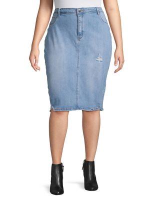 La La Anthony Plus Distressed Denim Pencil Skirt