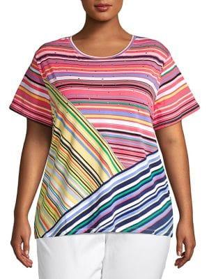 Rafaella Plus Embellished Stripe Cotton Blend Top