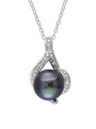Sonatina Sterling Silver, 9-9.5mm Black Round Tahitian Pearl & Diamond Necklace