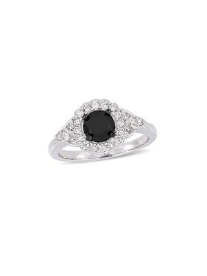 Sonatina 14k White Gold, Black And White Diamond Halo Engagement Ring