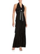 Betsy & Adam Plus Halter Ruffle Gown