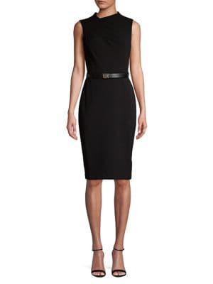 Calvin Klein Asymmetric V-neck Belted Sheath Dress
