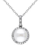 Sonatina Sterling Silver, 8-8.5mm White Button Pearl & Diamond Halo Pendant Necklace