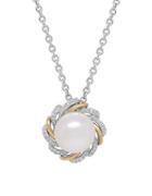 Lord & Taylor 10mm White Button Freshwater Pearl, Diamond, Sterling Silver And 14k Yellow Gold Floral Pendant Necklace