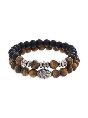 Lord & Taylor 2-piece Stainless Steel, Tiger's-eye & Crystal Buddha Charm Bracelet Set
