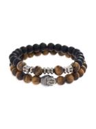 Lord & Taylor 2-piece Stainless Steel, Tiger's-eye & Crystal Buddha Charm Bracelet Set