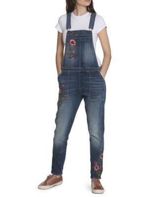 Driftwood Floral Embroidered Denim Overalls