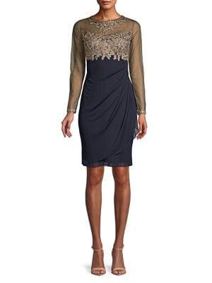 Xscape Floral Mesh Overlay Faux-wrap Dress