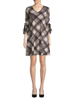 Gabby Skye Grid-printed Bell-sleeve Dress