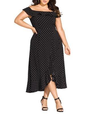 City Chic Plus Dot-print Ruffled Fit-&-flare Dress