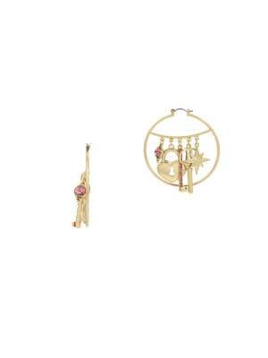 Betsey Johnson Boost Heart Charm Crystal Hoop Earrings