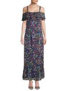 Cupio Micro-pleated Cold-shoulder Floral Dress