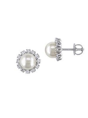 Sonatina 8-8.5mm Japanese Akoya Cultured Pearl, Diamond And 14k White Gold Flower Stud Earrings