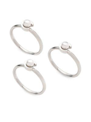 Carolee Essentials 3 Sterling Silver And 3-3.5mm Freshwater Pearl Stackable Ring Set