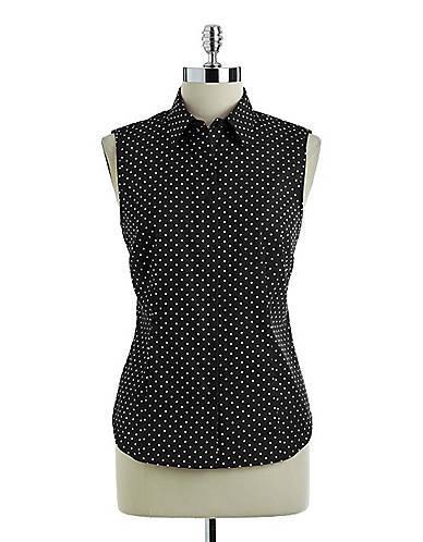 Jones New York Signature Sleeveless Polka Dot Button-down Blouse