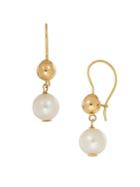 Lord & Taylor 14k Yellow Gold, 8mm White Freshwater Round Pearl Drop Earrings