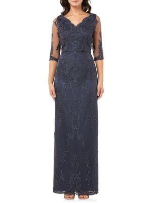 Js Collections Three-quarter Embroidered Scallop Evening Gown