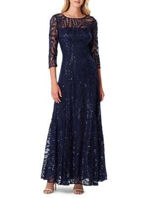 Tahari Arthur S. Levine Embellished Three-quarter Sleeved Gown