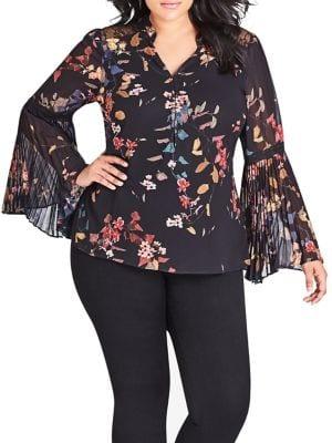 City Chic Plus Sensai Floral-print Bell-sleeve Top