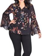 City Chic Plus Sensai Floral-print Bell-sleeve Top