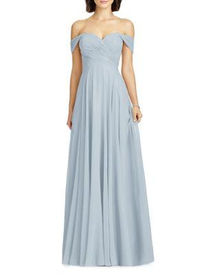 Dessy Collection Full Length Off Shoulder Lux Chiffon Dress