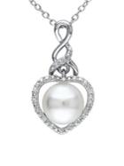Sonatina Sterling Silver, 8-8.5mm White Round Pearl & White Diamond Heart Infinity Necklace
