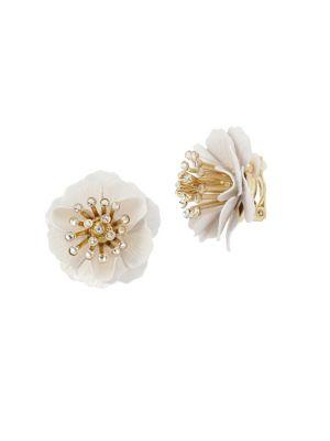 Miriam Haskell Vintage Floral White Flower Crystal Cluster Clip Earrings