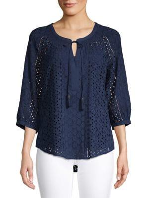 Daniel Rainn Three Quarter Eyelet Tie Neck Blouse