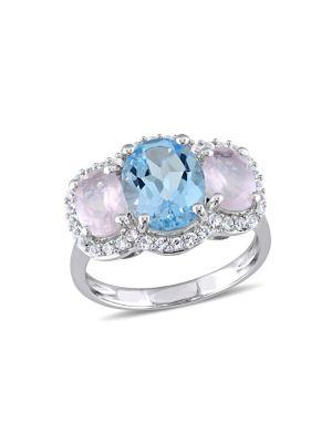 Sonatina Sterling Silver, Blue Topaz, White Topaz & Rose Quartz Cocktail Ring