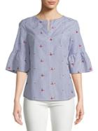 Ivanka Trump Floral Embroidered Pinstripe Top