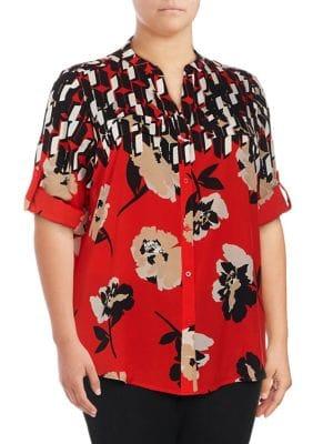 Calvin Klein Plus Printed Roll Sleeve Blouse