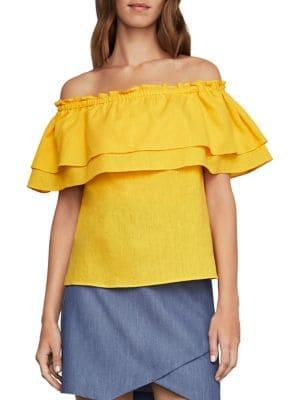 Bcbgmaxazria Off-the-shoulder Cotton And Linen Flounced Top
