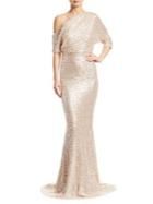 Badgley Mischka Platinum Asymmetric Draped Sequin Mermaid Gown