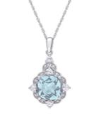 Sonatina 14k White Gold, Aquamarine, White Topaz & Diamond Halo Vintage Pendant Necklace