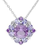 Sonatina Sterling Silver, Amethyst And Tanzanite Halo Cluster Floral Pendant Necklace