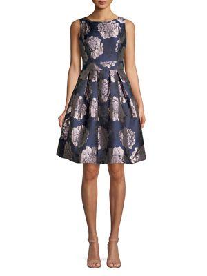 Eliza J Pleated Metallic Floral Flare Dress