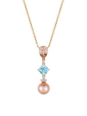 Le Vian 14k Strawberry Gold, 9-10mm Strawberry Pearl, Peach Morganite, Sea Blue Aquamarine, & Vanilla Diamonds Pendant Necklace