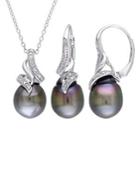 Sonatina Sterling Silver, 9-9.5mm Tahitian Pearl & Diamond Necklace & Earrings Set