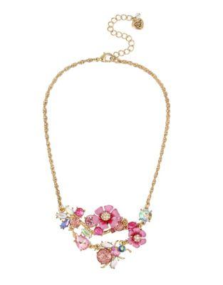 Betsey Johnson Floral Crystal Bug Cluster Frontal Necklace