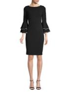 Calvin Klein Faux Pearl Trimmed Bell-sleeve Sheath Dress
