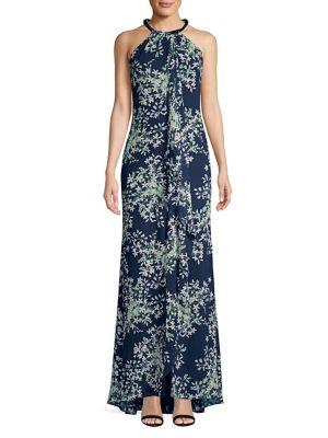 Calvin Klein Floral Ruffle Drape Evening Gown