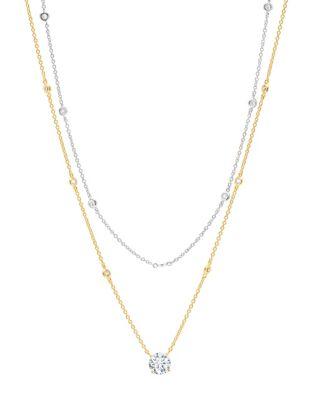 Crislu Dangling Gems Crystal And Sterling Silver Layered Pendant And Bezel Necklace