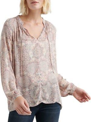 Lucky Brand Printed Drawstring Collar Blouse