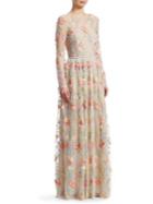 Ml Monique Lhuillier Long-sleeve Mesh Maxi Dress
