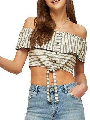 Miss Selfridge Striped Frill Bardot Cropped Cotton Top