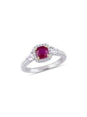 Sonatina 14k White And Yellow Gold, Ruby And Diamond Halo Three-stone Ring