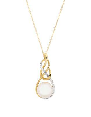 Lord & Taylor White Freshwater Pearl, Diamond And 14k Yellow Gold Pendant Necklace
