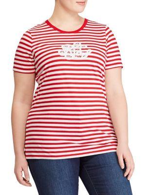 Lauren Ralph Lauren Plus Striped Logo Cotton Jersey Tee