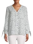 Jones New York Dotted V-neck Tie Sleeve Top